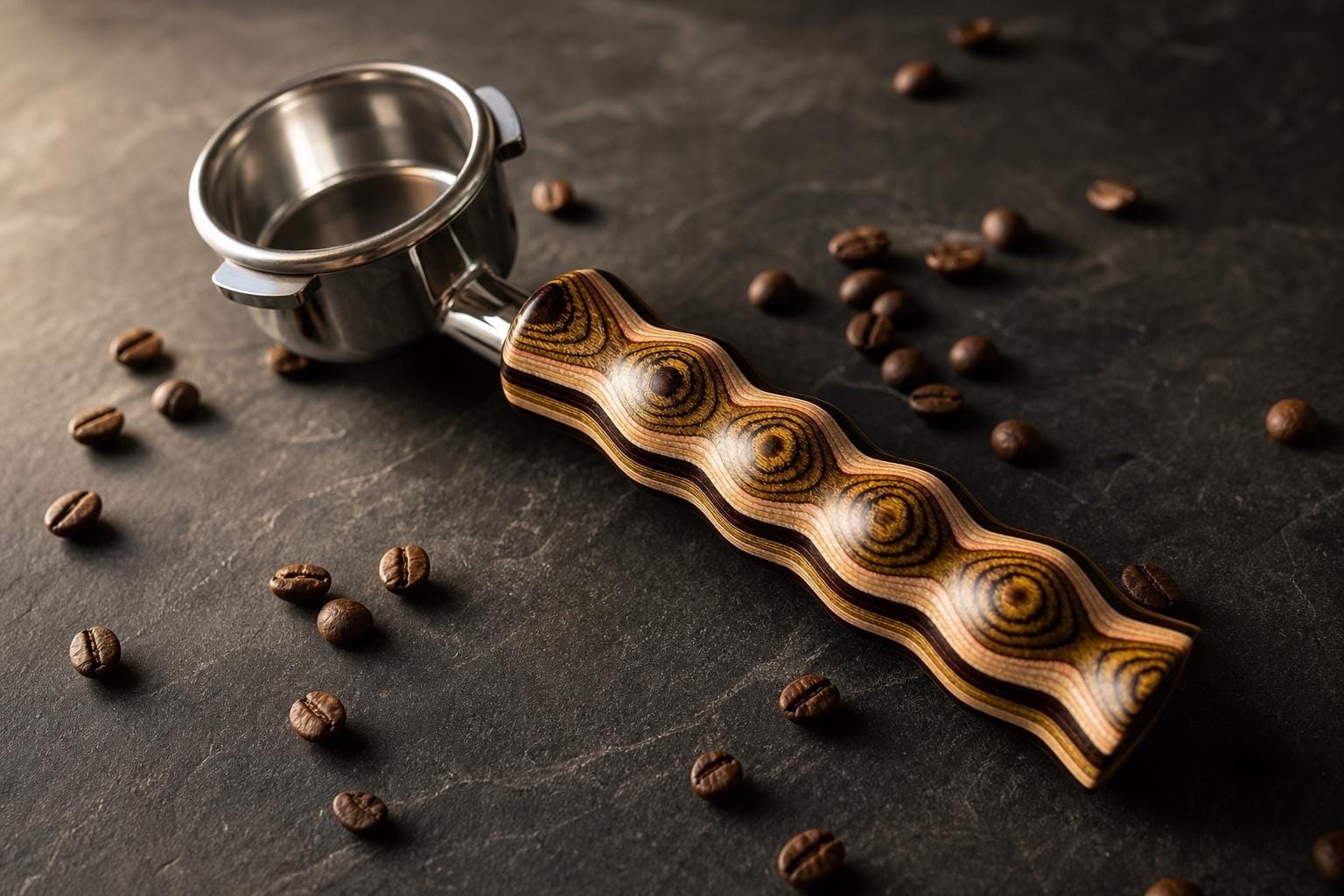 Bottomless portafilter with a wavy wood-grain handle