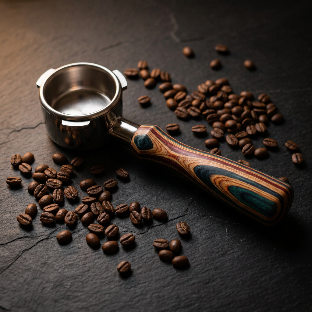 A Recycled Skateboard Wood 54mm bottomless portafilter with a colorful layered-wood handle, resting on dark slate beside scattered whole coffee beans