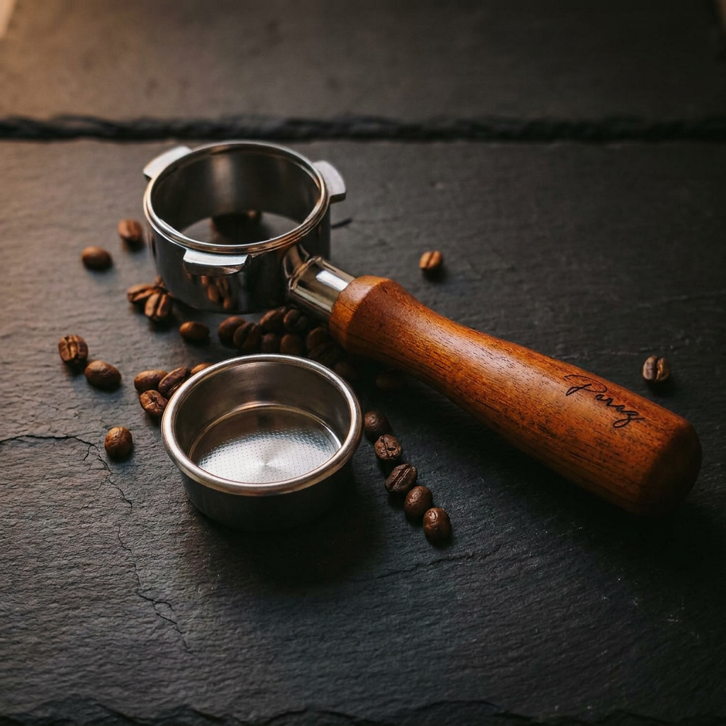 A stainless steel espresso portafilter with a wooden handle